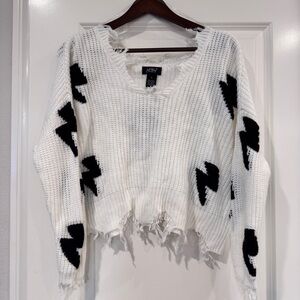 Just Polly Boho Black Lightning Bolt White Distressed V-Neck Sweater Small NWOT
